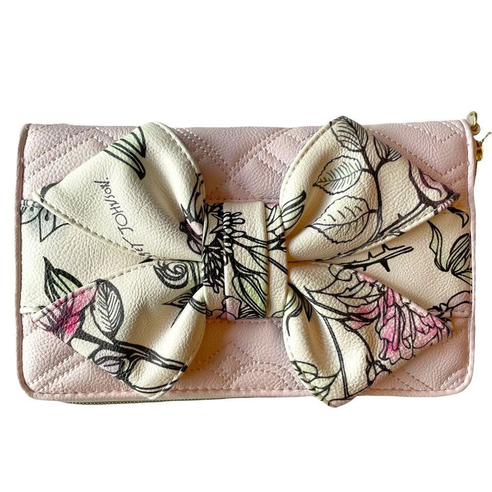 Betsey Johnson Heart Embossed Floral Oversized Bow Blush Wristlet Wallet